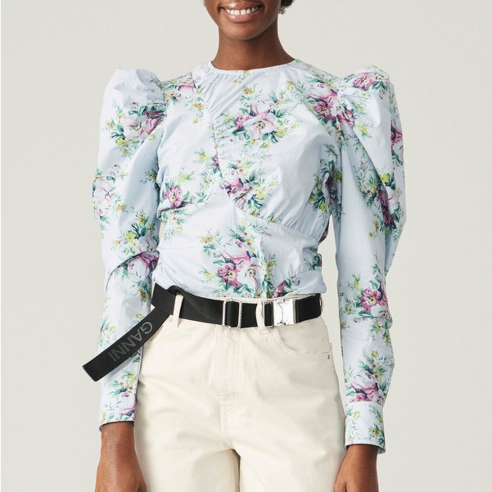 GANNI BLUE FLORAL PUFF SLEEVE TOP